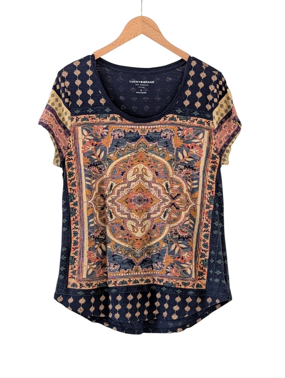 Lucky Brand Persian Carpet Tee Size Large Hippie Boho Festival Cotton